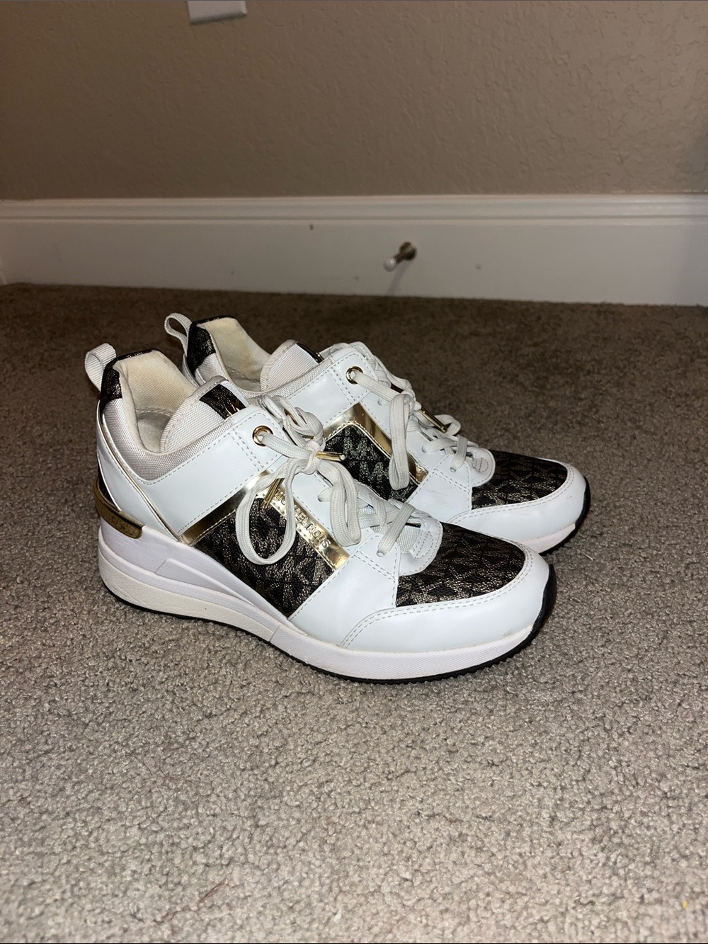 Michael Kors White Sneakers with Brown Logo Panels and Gold Trim